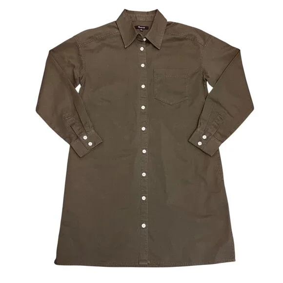 MADEWELL Mini Shirtdress Loden Olive Green 100% Cotton Button Up Boho Casual XS - Picture 5 of 9
